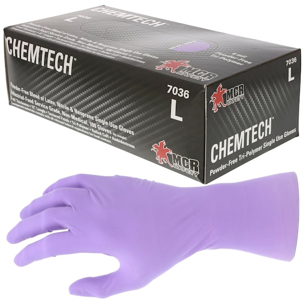 Mcr Safety ChemTech, Disposable Gloves, 6 mil Palm, Nitrile/Neoprene/Latex, Powder-Free, M, 1000 PK, Lilac 7036M - main